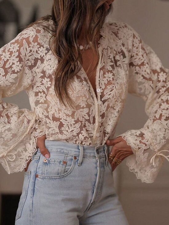 MODA ME COUTURE Tops - Apricot Boho Women's Hollow-Out Lace Blouse